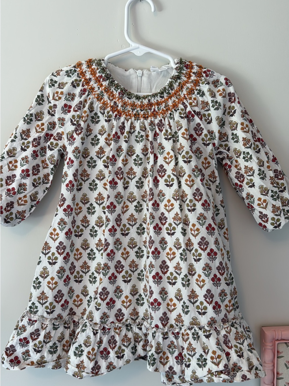 Smocked Long Sleeve Floral Dress - Cream with Red, Green & Mustard